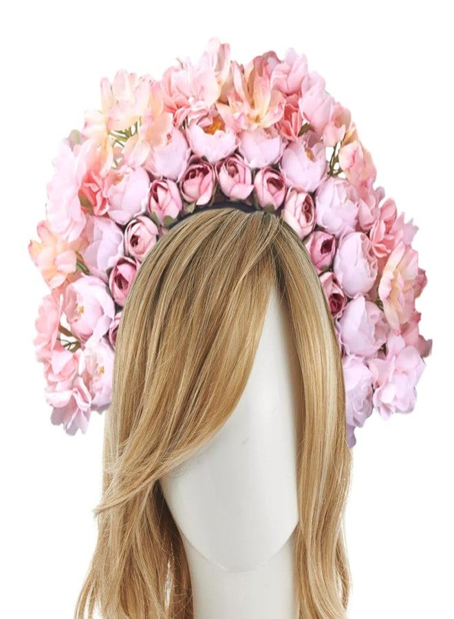 OULIGET Handmade Wreath Hairband,Flower Crown Hairband Double Sided Floral for Day of The Dead Cosplay Party Festivals (Pale pink, Small head circumference) - Image 2